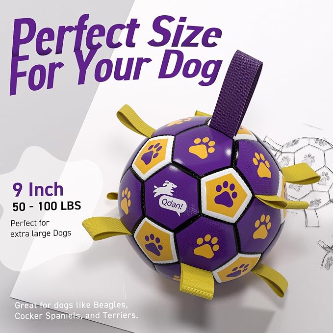 QDAN Extra Large Dog Toys Soccer Ball - Durable Dog Balls for Extra Large Dogs with Straps, Interactive Dog Tug Toy with Strap for Tug of War (9 Inch)