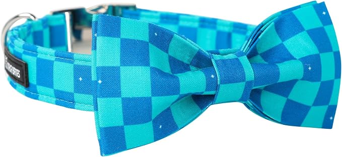 Maca Bates Blue Checkered Dog Collar with Bow Tie Plaid Puppy Bowtie Collars Fancy Gingham Collar for Summer Adjustable Durable Soft Breakaway for Boy Male Gentleman Dogs Pet,Medium