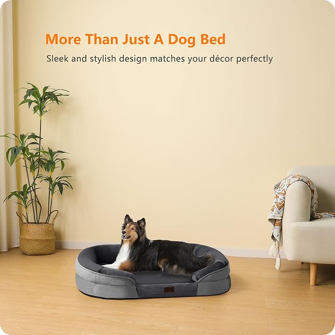 Dwanton Orthopedic Dog Bed for Large Dogs with Gel Memory Foam, Waterproof Dog Sofa, Washable Pet Bed with Four Sided Bolster Cushion, Removable Cover & Non-Slip Bottom, 38", Dark Grey