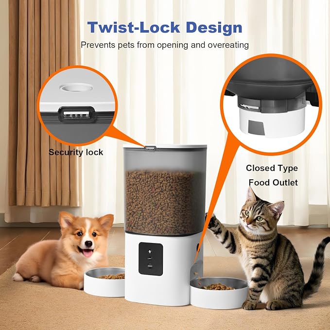 ANDOLL HOME 2.4G/5G Automatic Cat Feeder, 6L WiFi Cat Food Dispenser with 10s Voice Recorder, Double Bowl Pet Feeder up to 10 Meals per Day, Timed Feeder with Dry Food Sealed Ring (White)