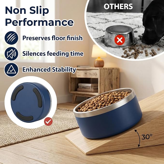 Stainless Steel Slow Feeder Dog Bowl, Heavy Duty Thickened Metal Dog Bowl, Non-Slip Base, Dishwasher Safe, Anti Gulping Feeding Bowl for Small to Medium Dogs & Cats, 56 oz, Dark Blue