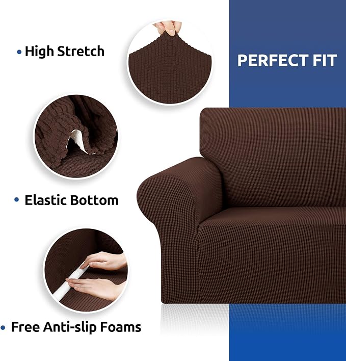 KEKUOU Stretch Sofa Cover Slipcover ,Couch Covers for 3 Cushion Couch Sofa pet Friendly (78"-94") Furniture Protector Sofa with Elastic Bottom for Kids,Dog, Jacquard Small Checked(Large,Chocolate)