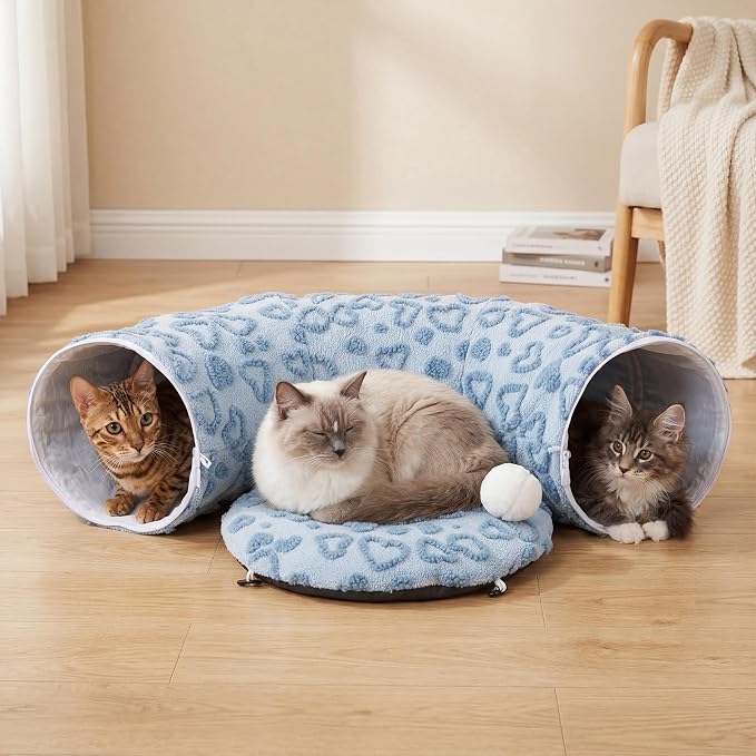 Cat Tunnel Bed, Cute Cat Tunnel Toy with Washable Cushion, Fits Indoor Cats up to 25 lbs, Cute Peekaboo Cave Pet Bed for Kittens, Rabbits, Blue Heart