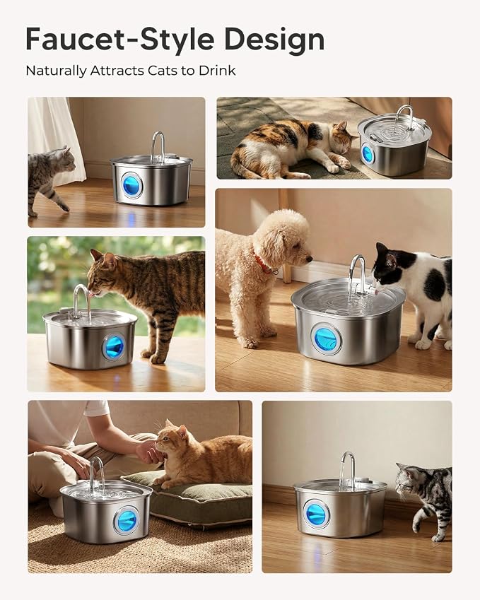 PEKTACO Stainless Steel Cat Water Fountain, 3.2L/108oz Cat Water Dispenser with Quiet Water Pump, Dishwasher Safe Pet Drinking Fountain for Cats