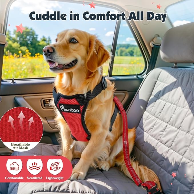Pawaboo Dog Seat Belt Harness for Car, Dog Car Harness Seatbelt with Double Clips, Adjustable Breathable Pet Vest & Dogs Safety Tether with Elastic Bungee for Small Medium Large Pet, M, Red+Black