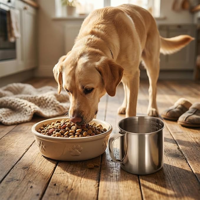 Dog Food Scoop 1.5 Cup, 304 Stainless Steel Dog Food Measuring Cup with Handle Durable Dog-Cat Pet Food Scoop Cup 1 1/2 Cups Measuring Scoops for Dogs, Cats, Birds, Rabbits for Dry Food and Treats