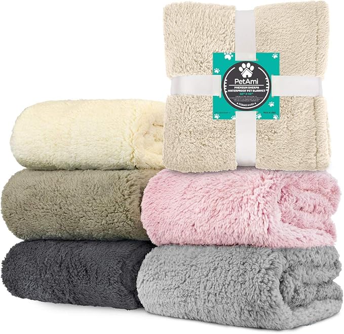 PetAmi Fluffy Waterproof Dog Blanket for Couch and Bed, Reversible Sherpa Pet Throw, Pee Proof Furniture Protector Sofa Cover, Washable Cat Blanket for Medium Large Dogs and Cats (Beige Cream, 40x60)