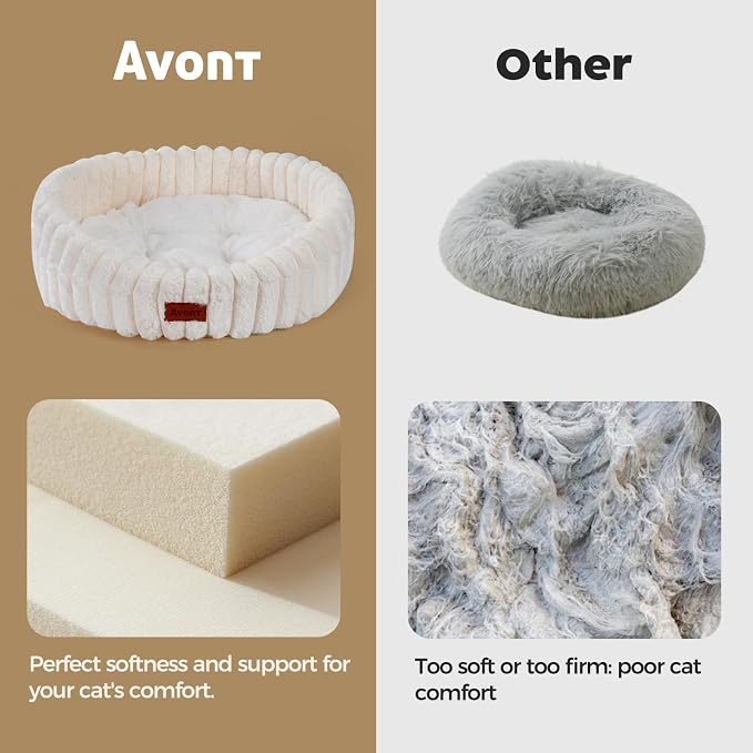 Avont Fluffy Cat Bed for Indoor Cats, Cozy Plush Sleeping Nest for All Sleep Styles, Washable Removable Cushion & Anti-Slip Base, Calming Round Bed for Kittens & Small Dogs – Cream(M)