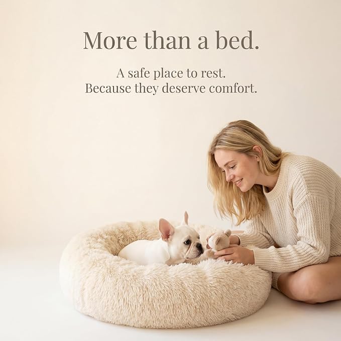 Calming Donut Dogs Beds for Small Dogs Washable,28inch Plush Round Pet Bed for Cozy Sleep,Fluffy Faux Fur Large Cat Bed,Fits up to 30 lbs Pets,Beige