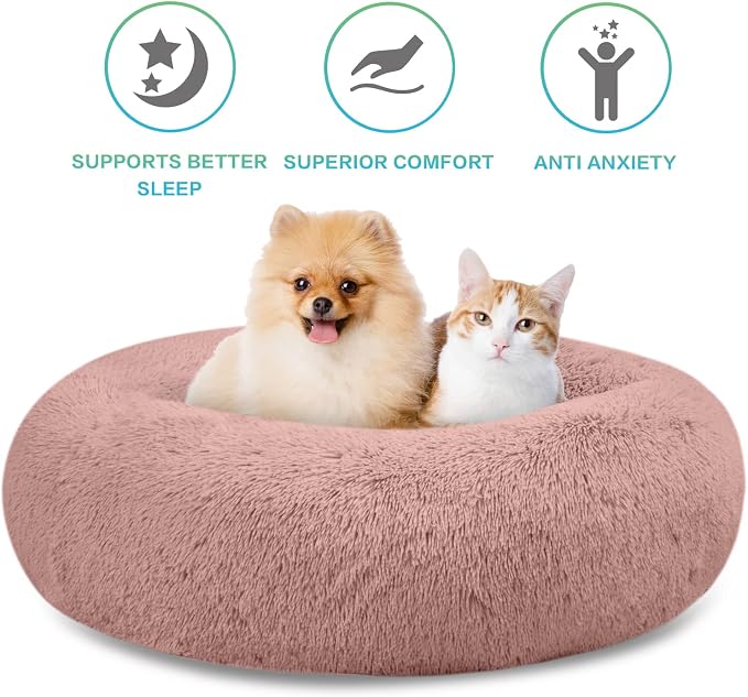 SAVFOX 30 inches Calming Donut Dog Bed - 3X Durable Plush Faux Fur, Machine Washable & Non-Slip, Fits up to 45 lbs, Pink