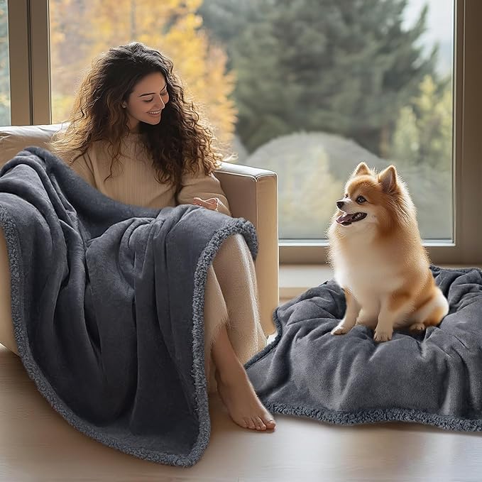 Waterproof Pet Blanket, Liquid Pee Proof Dog Blanket for Sofa Bed Couch, Reversible Sherpa Fleece Furniture Protector Cover for Small Medium Large Dogs Cats, Dark Gray Small(40" x 28")