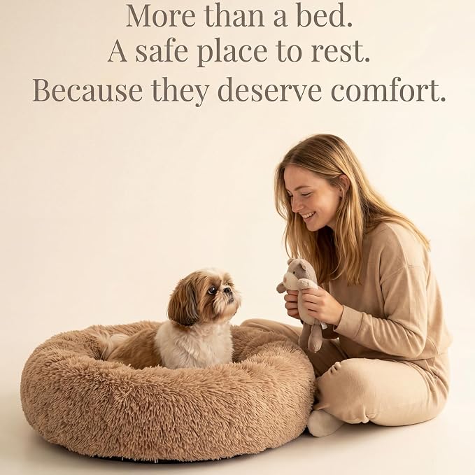 Calming Donut Dogs Beds for Small Dogs Washable,23inch Plush Round Pet Bed for Cozy Sleep,Fluffy Faux Fur Large Cat Bed,Fits up to 25 lbs Pets,Camel