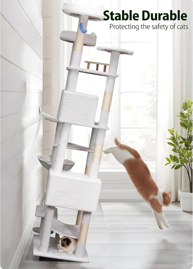 Meecal 79in Tall Cat Tower for Heavy Duty Big Cats, Large Cat Tree with Scratching Post, Plush Perches, Cozy Cat Condos & Hanging Hammocks for Maine Coon, White