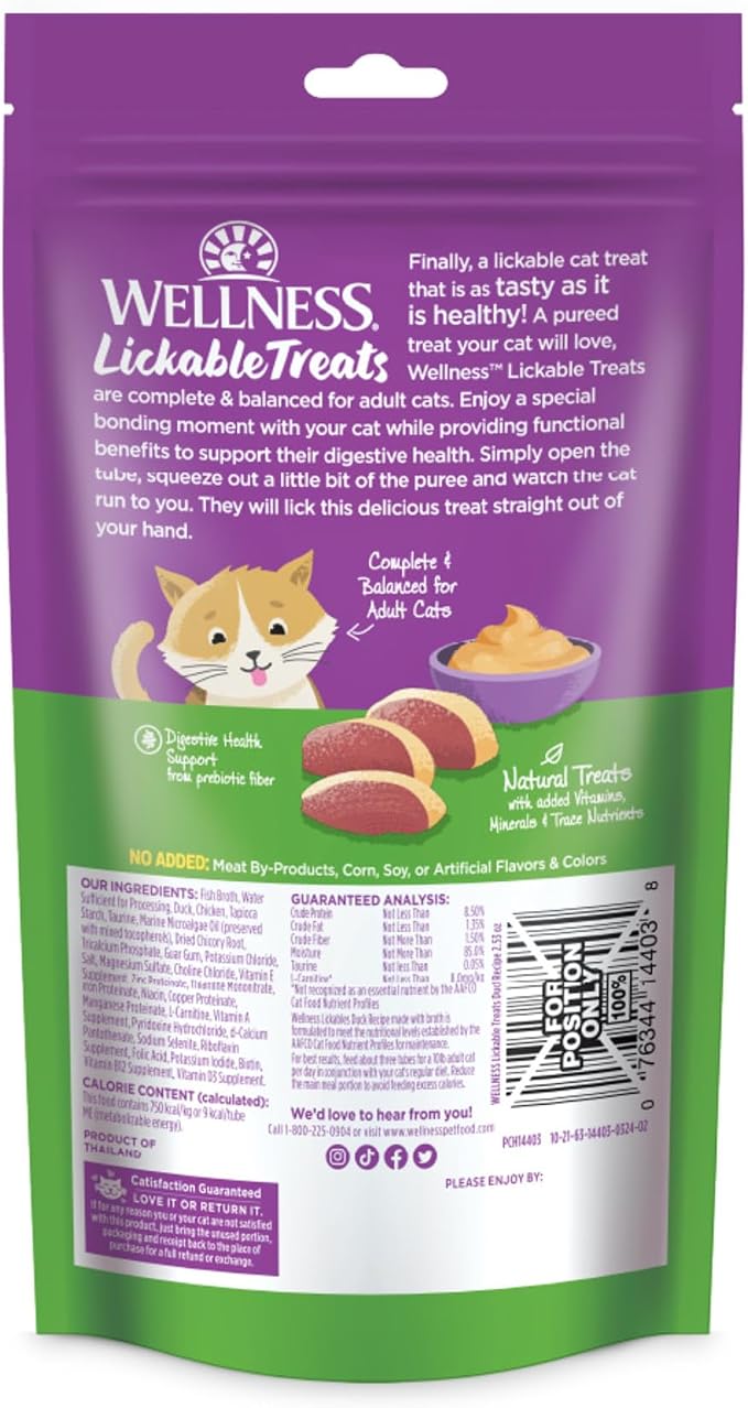 Wellness Lickable Soft Puree Cat Treats, All Lifestages, Kitten to Senior, Natural, Grain Free, Duck Flavor, 0.4 oz, Pack of 6 Tubes