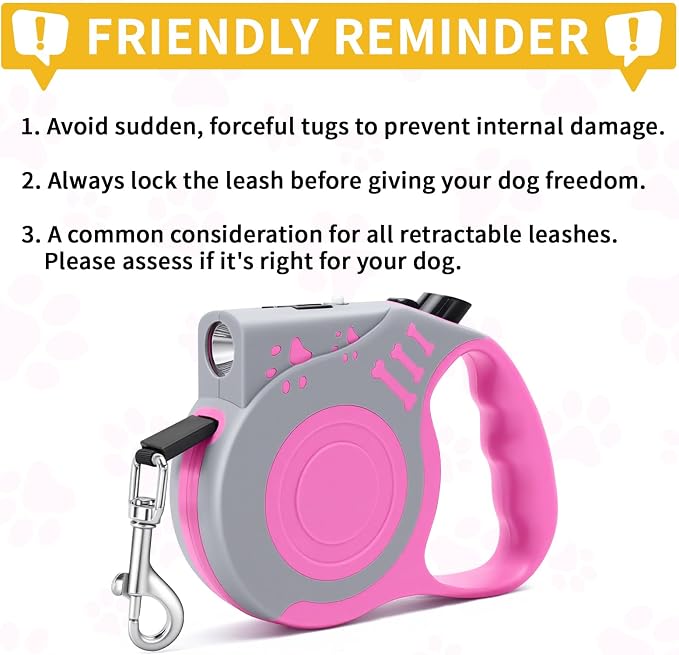 Retractable Dog Leash with USB Rechargeable Flashlight for Night Walks, 16FT Automatic Telescopic Tractor Dog Leash for Small and Medium Dogs, Pink