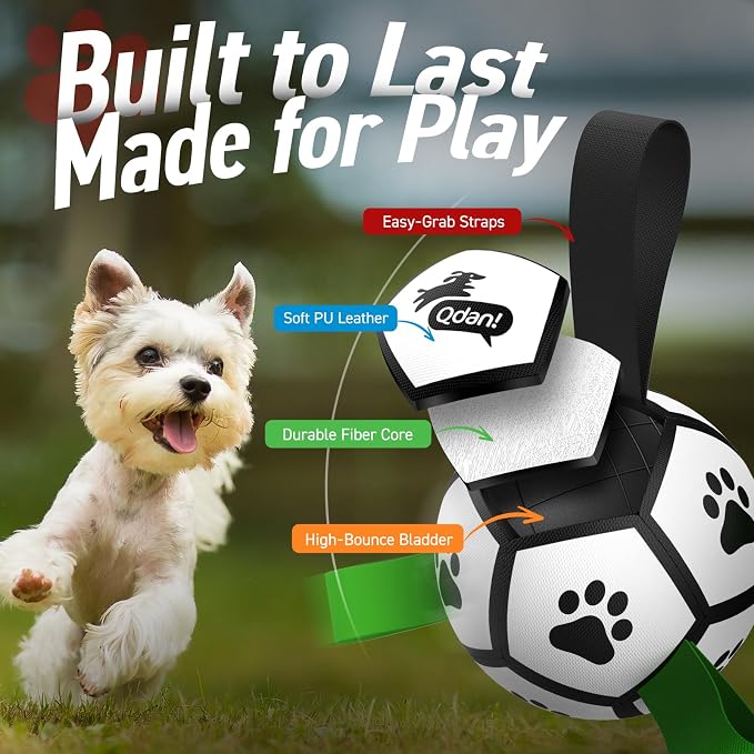 QDAN Dog Toys Soccer Ball with Straps, Interactive Toys for Tug of War, Puppy Birthday Gifts, Dog Water Toy, Durable Balls World Cup for Small Dogs(5 Inch)