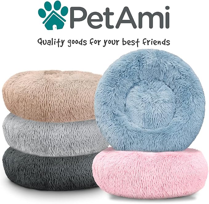 PetAmi Calming Dog Bed for Small & Medium Dogs, Cats & Puppy, Warming Round Donut Cuddler Bed, Anti-Anxiety Fluffy Shaggy Faux Fur Pet Bed, Machine Washable, Non-Slip Bottom, 30 Inch - Pink