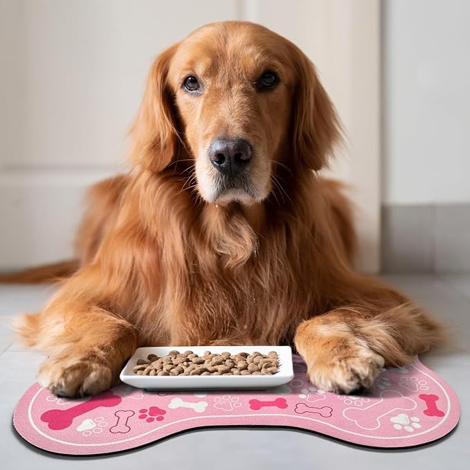 Dog & Cat Food Mat Bone Shaped Pet Feeding Mat Quick Absorb Water Bowl Placemat with Rubber Backing Indoor Floor Stain Resistant Pet Accessory Supplies (Light Pink Small, 12x18 Inches)