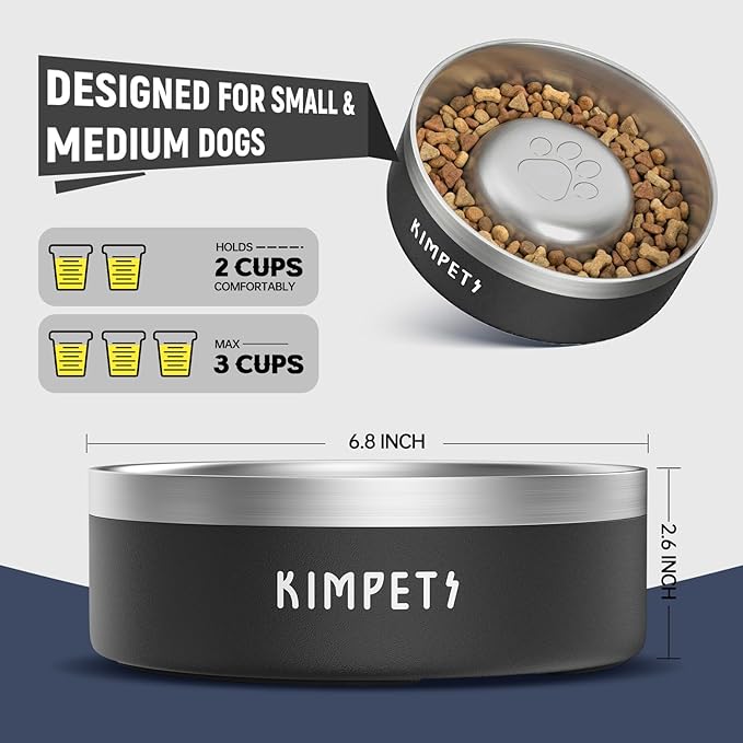 Dog Slow Feeder Bowl Slow Eating Dog Bowl Slow Feeder Dog Bowls 304 Stainless Steel Double Wall Durable Non-Slip Rubber Base - Black