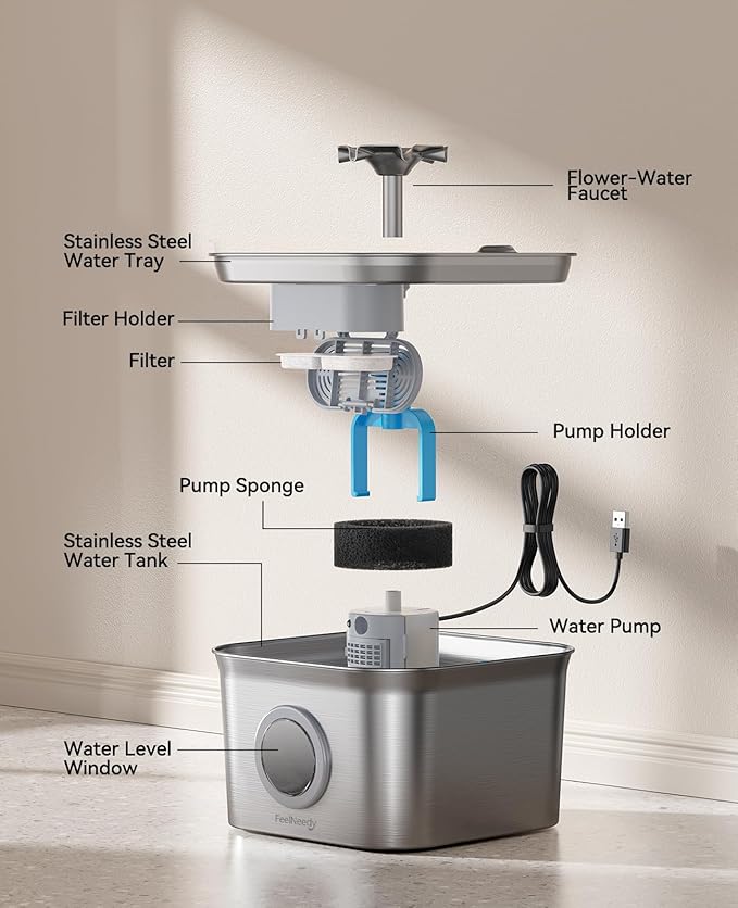 Stainless Steel Cat Water Fountain, 2.8L with 20dB Ultra-Quiet Pump- Ideal for Timid Pets, LED Water Level Window, Dishwasher Safe, 24/7 Circulation- Includes 9 Replacement Filters