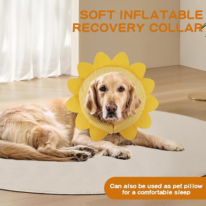 IEUUMLER Inflatable Recovery Dog Collar, Protective Donut Cone, Adjustable Soft Collar for Dog and Cat After Surgery Prevent from Biting & Scratching EU002 - Sunflower L