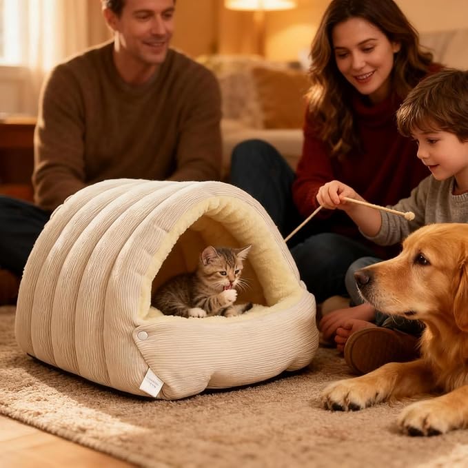 Winter Cave, Cozy Covered Dog Bed with Removable Washable Cover, Enclosed Plush Warmth for Small Large Dogs Cats, Calming Security Pet Den for Indoor Outdoor Use,Purple,L