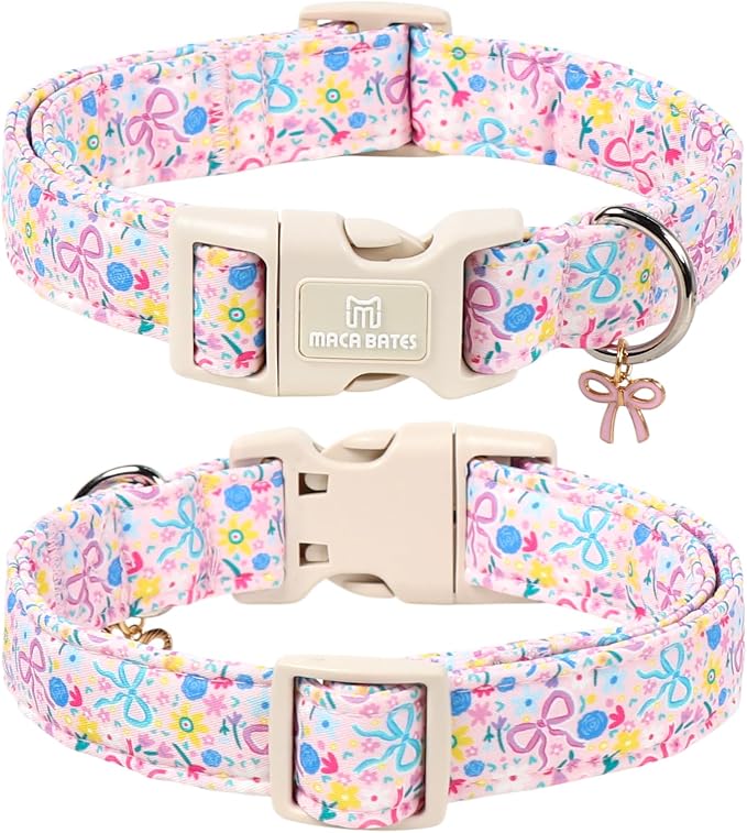 Maca Bates Colorful Floral Dog Collar with Bow Charm for Large Girl Boy Dogs, Pink Flower Bows Pattern,Pretty Blossom Adjustable Durable Soft Flowers Collars Gift for Male Female Puppy