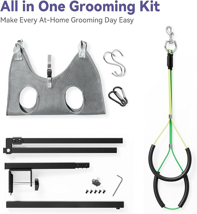 Adjustable Dog Grooming Arm with Clamp, 26″–40″ Height, S Hammock with Back Buckle, No-Sit Grooming Restraint for Small & Medium Dogs