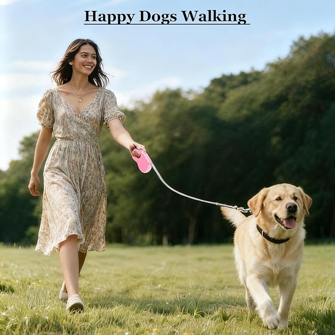 Retractable Dog Leash, 16Ft/5M Light Weight Retractable Leash for Small Medium Dogs/Cats Up to 50lbs, Strong Nylon Tape 360° Tangle-Free One-Hand Brake (Pink)