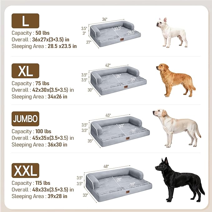 Comfort Expression Extra Large Dog Bed Orthopedic - XL Washable Pet Bed for Big Dog Waterproof Pet Couch Memory Foam Sofa Bolster with Removable Cover - 42 x 30