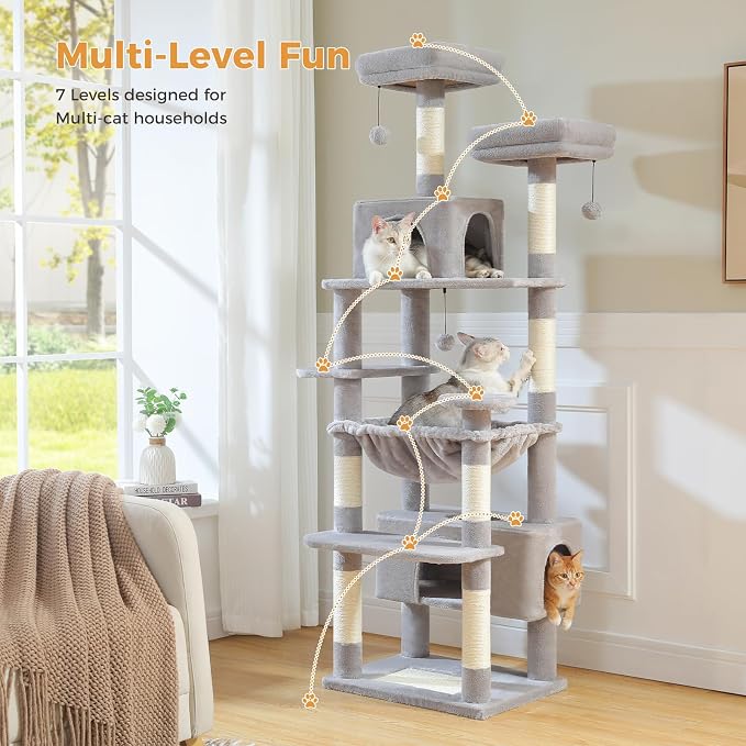 PAWZ Road Large 72 Inch Cat Tree and Tower for Indoor Cats - With Sisal-Covered Scratching Posts, Padded Perches, Condos, and Basket - Gray