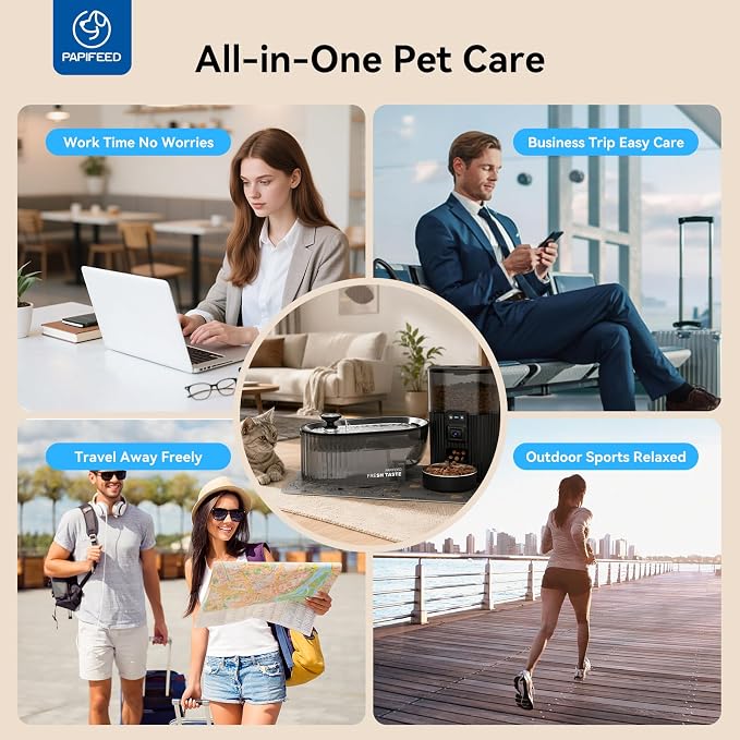 PAPIFEED Automatic Cat Feeder and Water Fountain Stainless Steel, WiFi Timed Auto Cat Feeder with Camera & App, Cat Food & Water Dispenser, Quiet Pet Drinking Fountain with LED, Smart Dog Feeder Set 