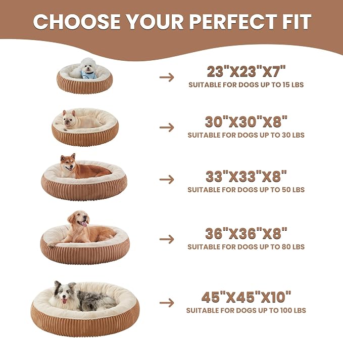 33 inches Donut Dog Bed for Medium Large Dogs,Calming Round Pet Bed with Removable Cover,Washable Milk Plush Faux Fur, Fits up to 50 lbs Pets(Mocha,M Plus)