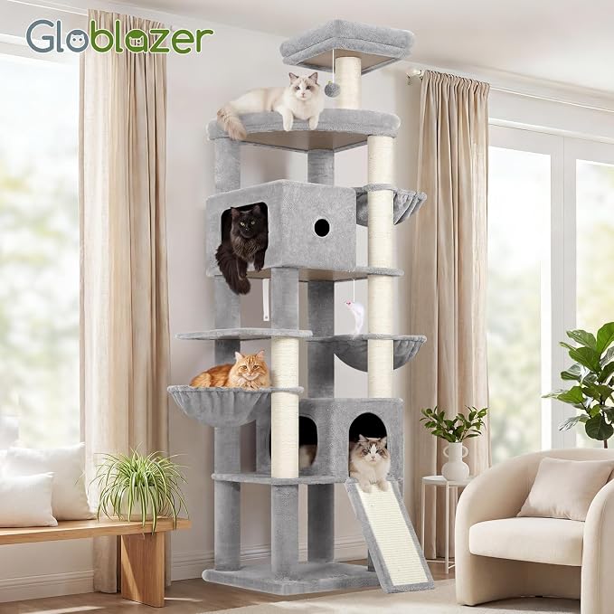 Globlazer 83in Heavy Duty Cat Tree, Giant Cat Tower with 2 Condos & 3 Hanging Baskets, Multi-Level Tall Cat Condo for Large Adult Cats, 7 Scratching Posts, F83C, Light Grey