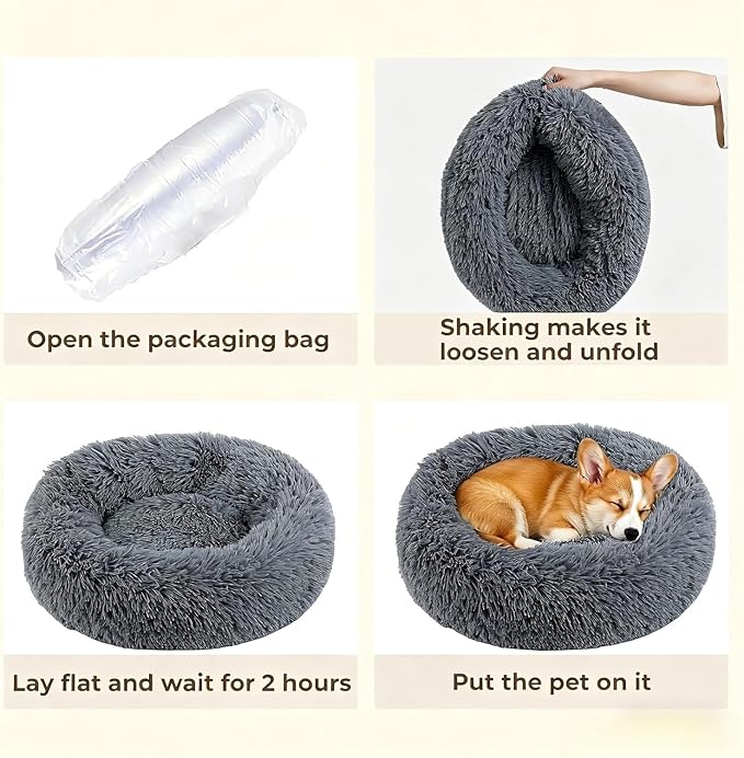 Calming Anti-Anxiety Donuts Dog And Cat Bed, Round Fluffy Soft Washable Small Medium Pet Bed For Puppy And Kitten, Cuddler Warming Comfortable Luxury Anti-Slip Waterproof Mute Base 24in Dark Gray