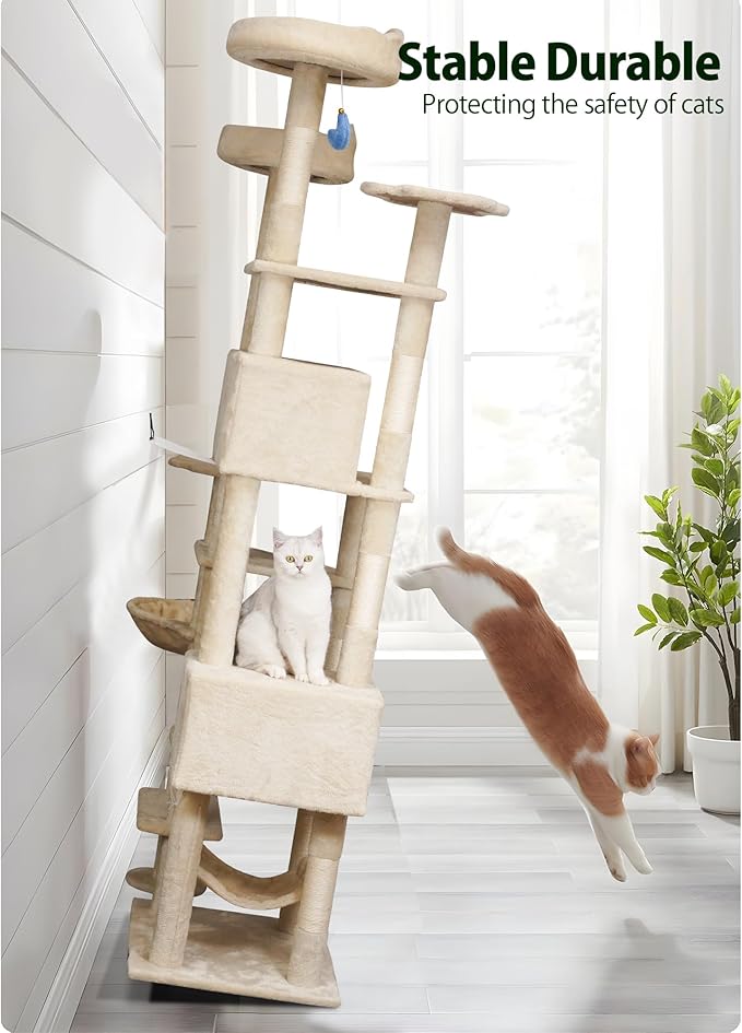 Meecal 79inch Heavy Duty Cat Tree for Indoor Cats Large Adult, Tall Giant Cat Tower with Scratching Post, Large Perches, Cozy Cat Condos & Hanging Hammocks, Beige