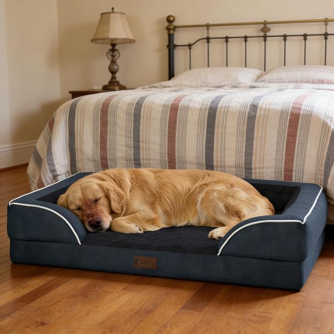 Orthopedic Dog Beds for Extra Large Sized Dogs 53x42 Inch, XXL Waterproof Egg Crate Foam Dog Sofa Bed with Removable Washable Cover Big Pet Couch with Bolster & Non-Slip Bottom, Navy Blue