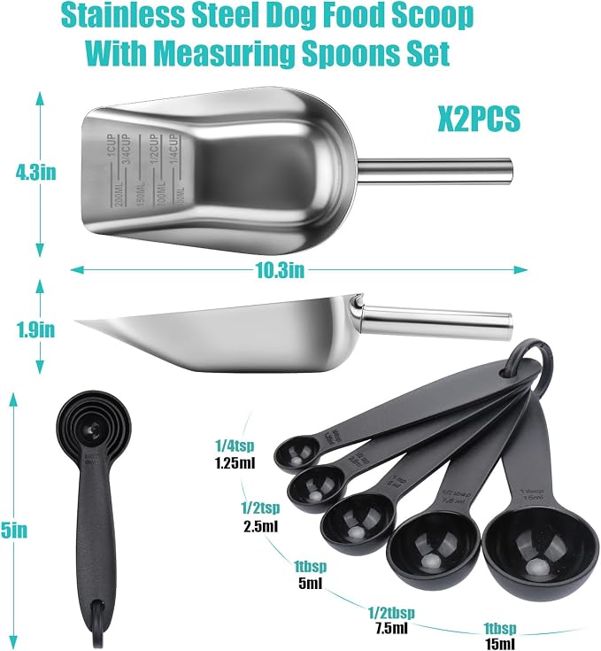 AIERSA 2Pcs Pet Food Scoop & Measuring Cup for Dogs & Cats, Stainless Steel Dog Scoop1 ¾ / ½ / ¼ Cup with Multi-Unit Markings for Precision Feeding, Easy-Clean Metal Food