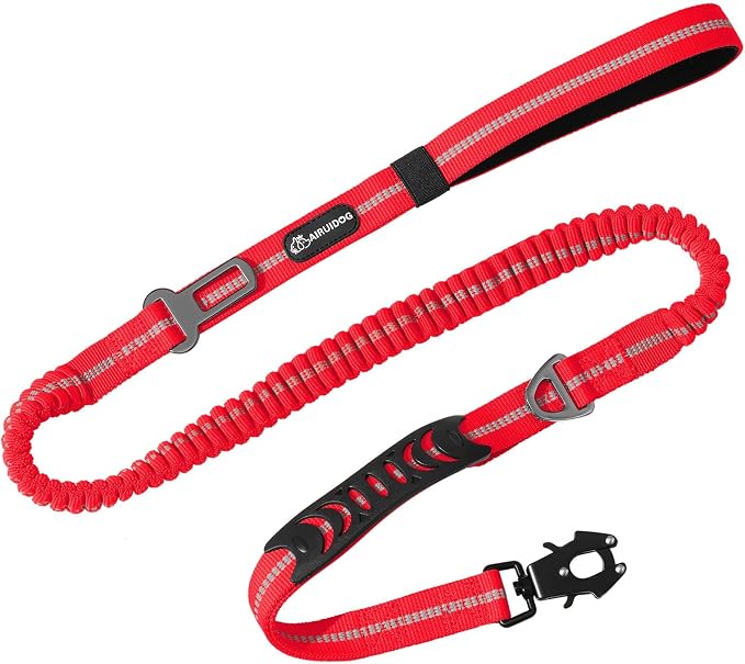 Heavy Duty Tactical Dog Leash, 4-6FT Shock Absorbing Bungee Lead with 2 Padded Handles, Metal Carabiner & Seatbelt Clip, Reflective No-Pull Leash for Medium/Large Dogs (Red)