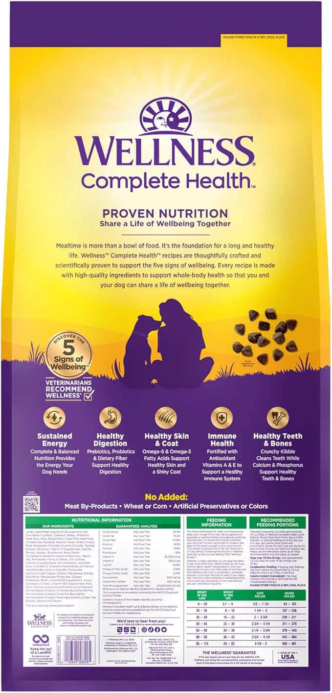 Wellness Complete Health Dry Dog Food with Grains, Made in USA with Real Meat & Natural Ingredients, All Breeds, Adult Dogs (Lamb & Barley, 30-lb) – With Nutrients for Immune, Skin, & Coat Support,