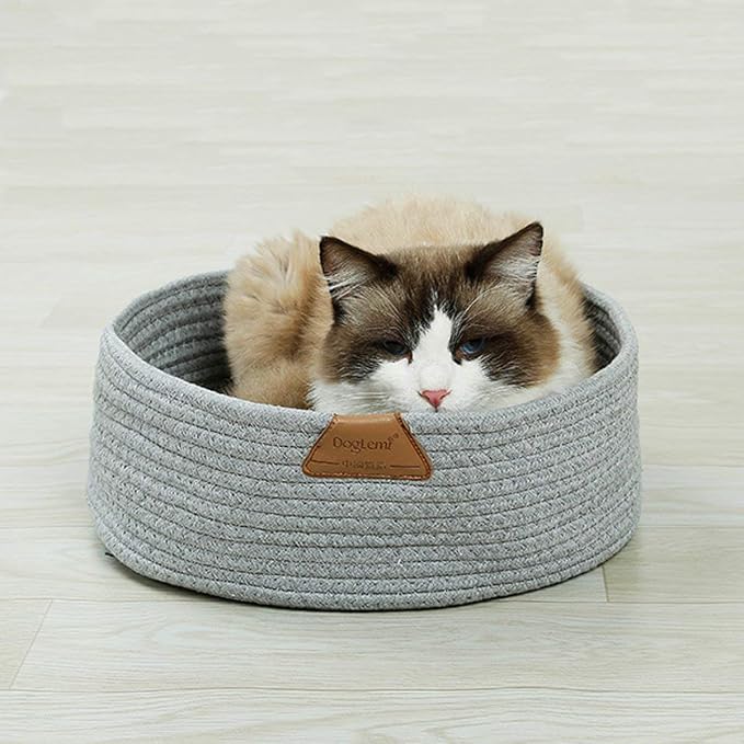Cat Bed Basket Nest Round Cotton Rope Woven Warm Medium,Pet Sleeping Bed House Cute Fun Scratcher Scratching Scratch Mat Pad for Puppy Small Dogs Indoor Play Eco Washable Winter Summer (Gray)
