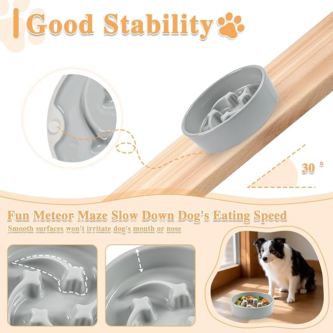 Ceramic Slow Feeder Dog Bowls, 1 Cups Dog Food Dish for Small and Medium Breed, Puzzle Dog Food Bowl for Fast Eater, 15OZ, 6.3 inch(Grey)