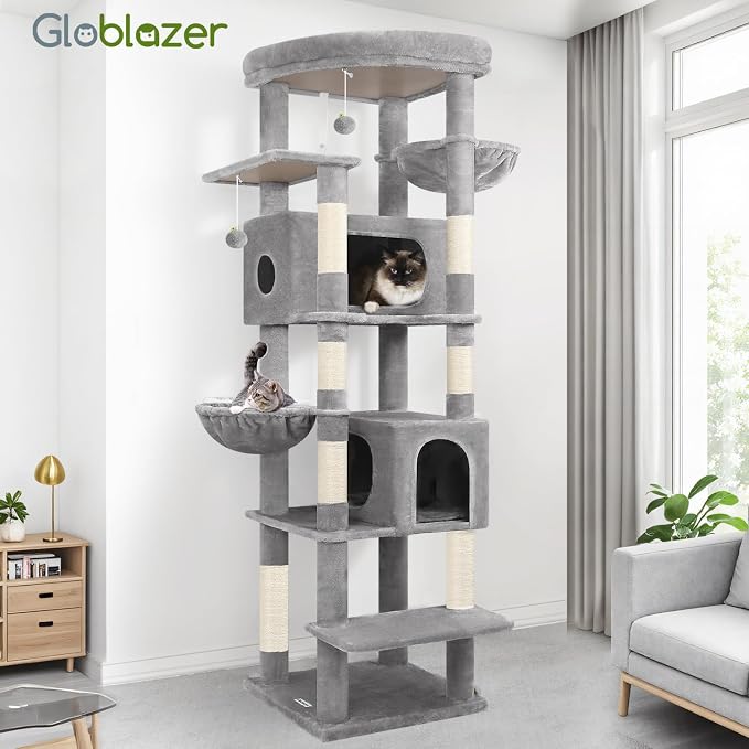 Globlazer Heavy Duty Cat Tree, 74in Tall Sturdy Cat Tower for Large Cats Adult Big Cat Tree with 7 Scratching Posts, 2 Condos with Pad, 2 Dual-Ear Hanging Baskets, Enlarged Top Perch, S74, Light Grey