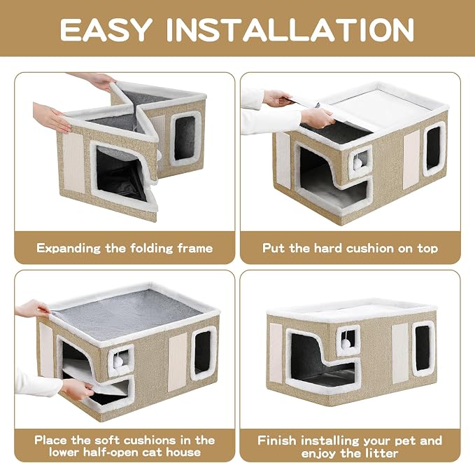 Large Cat Houses for Indoor Cats, Extra Wide Covered Cat Cave Bed with Scratch Pad and Fluffy Ball, Foldable Cat Hideaway Condo for Large Cats, Modern Kitten Bed,23x16x13 inches (Khaki, XL)