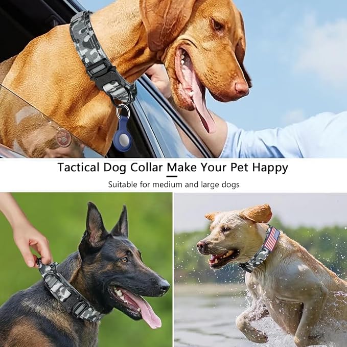 DAGANXI Tactical Dog Collar, Adjustable Military Training Nylon Dog Collar with Control Handle and Heavy Metal Buckle for Medium and Large Dogs, with Patches and Airtags Case (S, Camo)