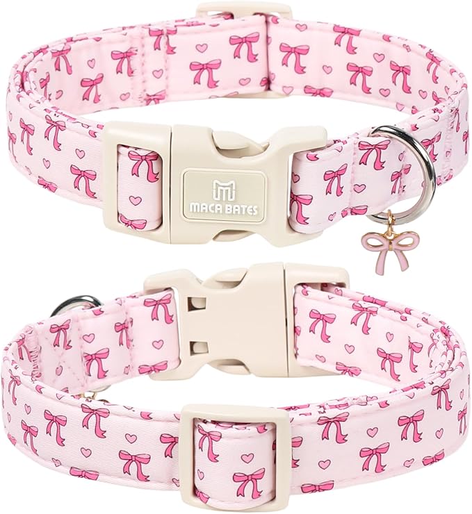 Maca Bates Pink Basic Dog Collar with Sailor Bow Charm for Extra Small Girl Dogs, Girly Cute Heart Bowtie Pattern,Feminine Style,Adjustable Durable Soft Collars Birthday Gift for Female Puppy