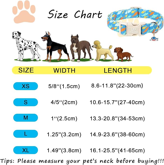 Shark Dog Collar, Summer Cotton Blue Adjustable Pet Collar for Male Dogs, Cute Ocean Pattern Soft Comfortable Durable Buckle with Charm for Boy Dogs