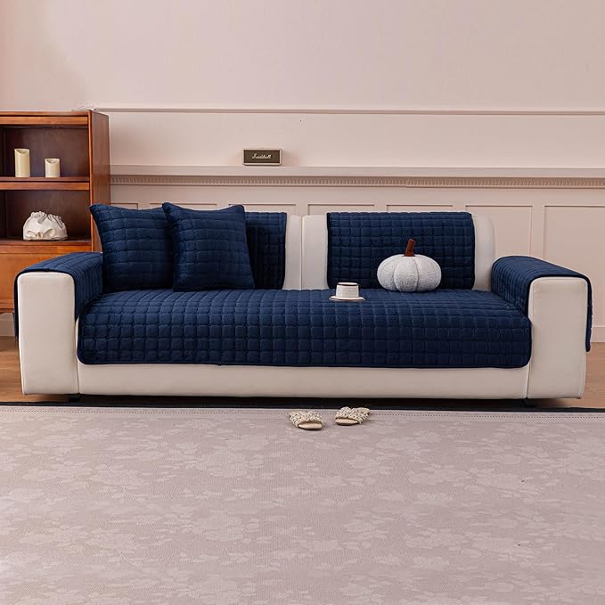 Velvet Couch Cover, Plush Sectional Sofa Cover Washable, Anti Slip Sofa Slipcover for Loveseat, Furniture Protector Covers for Pets & Kids(1PC,Navy Blue,36"×47")