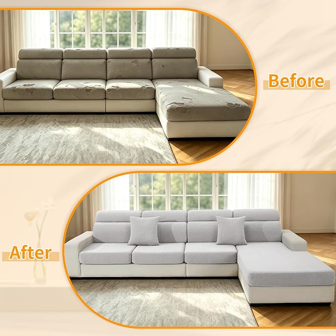 XINEAGE Chaise Cover for L Shaped Sofa,Sectional Couch Covers for Pets,Non Slip Sofa Seat Cover Washable,Sofa Slipcovers with Elastic Bottom(1 Piece Chaise Cover,Sliver Grey)