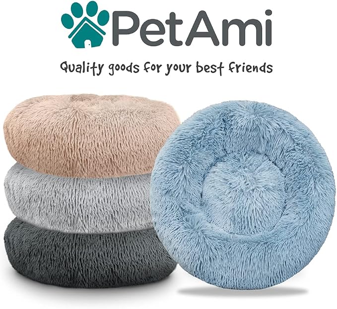 PetAmi Calming Dog Bed for Small & Medium Dogs, Cats & Puppy, Warming Round Donut Cuddler Bed, Anti-Anxiety Fluffy Shaggy Faux Fur Pet Bed, Machine Washable, Non-Slip Bottom, 23 Inch - Dark Gray